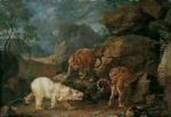 Der Kampf Zwischen Einem Eisbaren Und Zwei Leoparden. Oil Painting by Johann Elias Ridinger or Riedinger