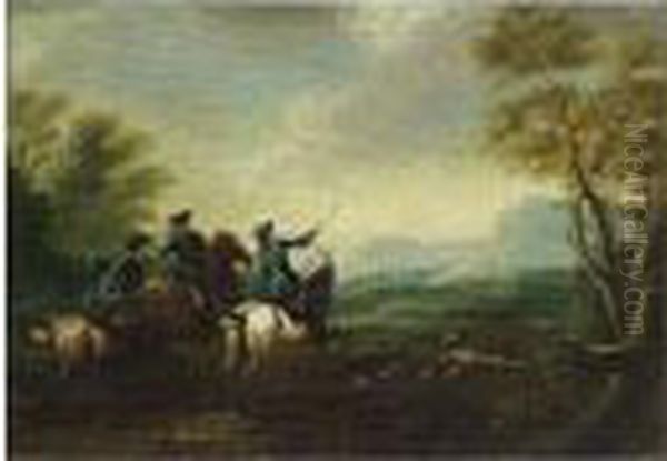 A Hunting Scene Oil Painting by Johann Elias Ridinger or Riedinger