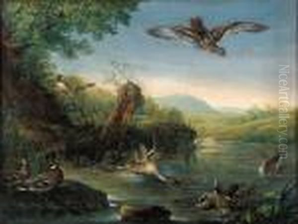 An Eagle In Flight Watching Ducks By A Pool Oil Painting by Johann Elias Ridinger or Riedinger