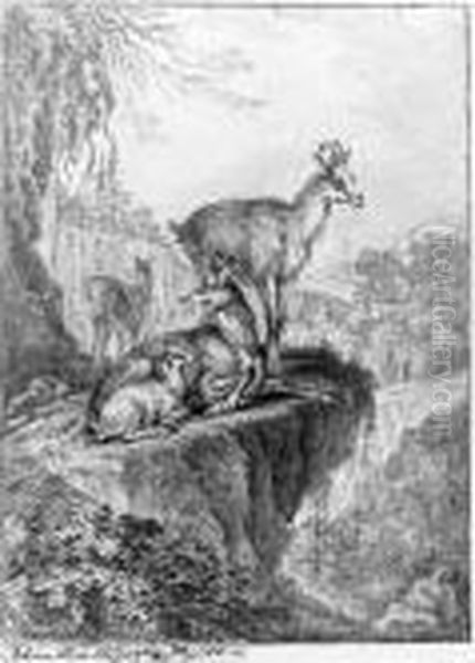 Chamois In A Rocky Wooded Landscape Oil Painting by Johann Elias Ridinger or Riedinger