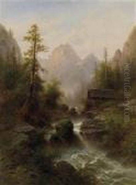 Houseby A Mountain Torrent Oil Painting by Albert Rieger