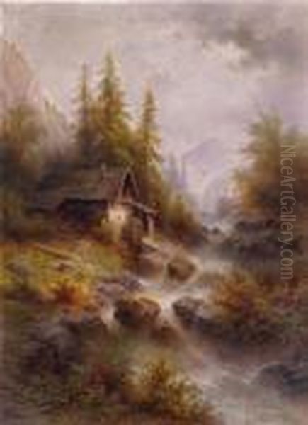 Gebirgswasserfall Mit Muhle Oil Painting by Albert Rieger