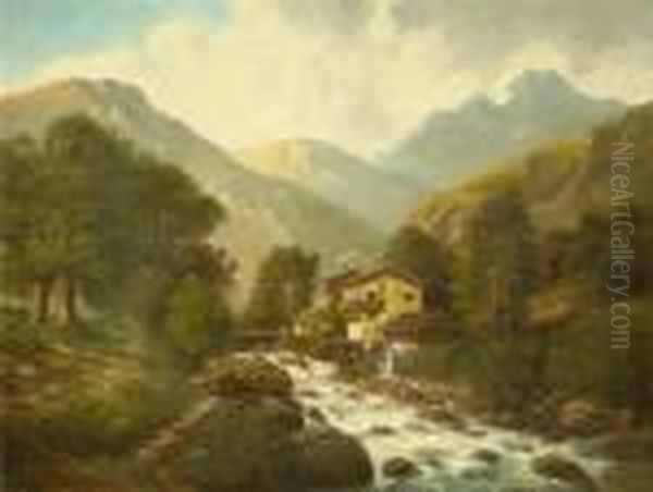 Motiv In Den Alpen Mit Muhle An Einem Bachlauf Oil Painting by Albert Rieger