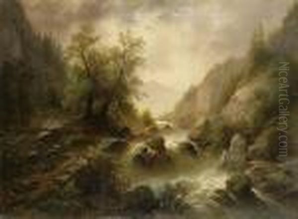 A Mountain Brook Oil Painting by Albert Rieger