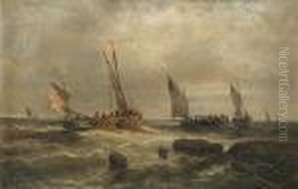 Fishing Barges At Sea Oil Painting by Albert Rieger