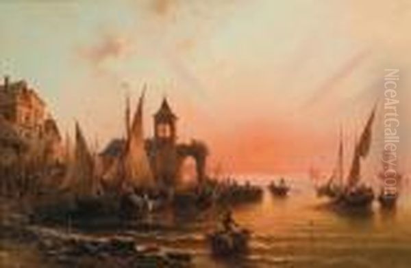 Piccola Citta Portuale Della Costadalmatica Al Tramonto Oil Painting by Albert Rieger