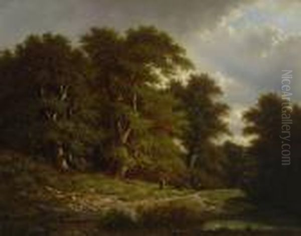 Baumlandschaft Mit Rastenden Bauern Am Teich. Oil Painting by Albert Rieger