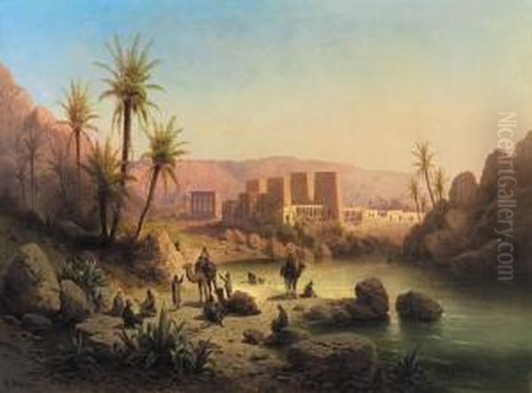 Island Of Philae Egypt Oil Painting by Albert Rieger