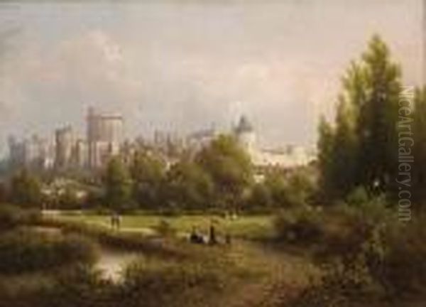 Attractive View Of Windsor 
Castle With Children Playing In The Foreground Oil Painting by Albert Rieger