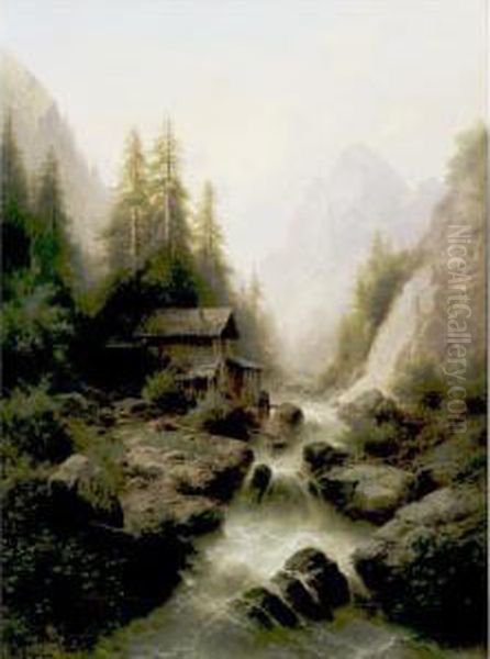 Old Watermill By The Waterfall Oil Painting by Albert Rieger