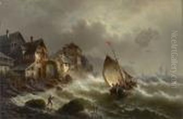 Fischerboot Bei Unwetter Vor Mittelalterlicher Hafenstadt Oil Painting by Albert Rieger