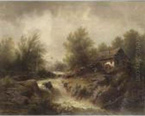 A Watermill In A Mountainous Landscape. Oil Painting by Albert Rieger