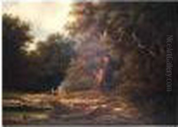 A Woodland Camp, Signed And Dated 1870, Oil On Canvas, 72 X 99 Cm.; 28 1/2 X 39 In Oil Painting by Albert Rieger