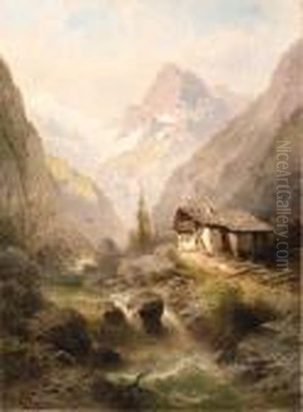 The Alpine House Oil Painting by Albert Rieger