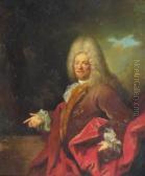 Portrait Of A Gentleman Wearing A Brown Coat And Red Cloak Oil Painting by Hyacinthe Rigaud