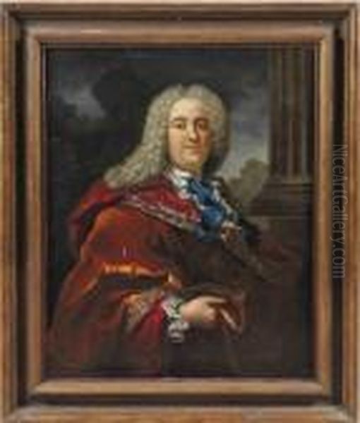 Portrait Of A Gentleman, 
Half-length, In A Richly Embroideredmaroon And Russet Cloak, A Landscape
 Beyond Oil Painting by Hyacinthe Rigaud