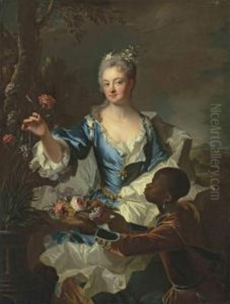 Portrait Of Hyacinthe-sophie De 
Beschanel-nointel, Marquise Delouville , Three-quarter-length, In A Blue
 And Whitedress With Pearls, With A Page In Livery Presenting A Basket 
Offlowers Oil Painting by Hyacinthe Rigaud