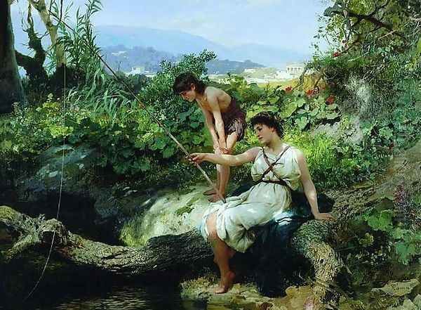 Roman Idyll - Fishing Oil Painting by Henryk Hector Siemiradzki