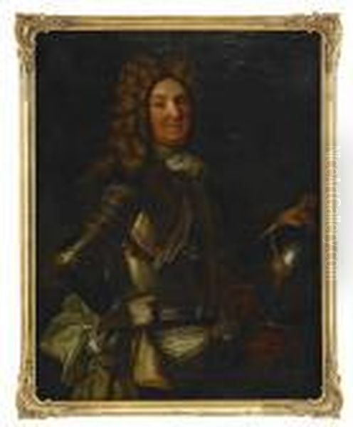 Portratt Forestallande Officer Ikladd Harnesk - Hoftbild Oil Painting by Hyacinthe Rigaud