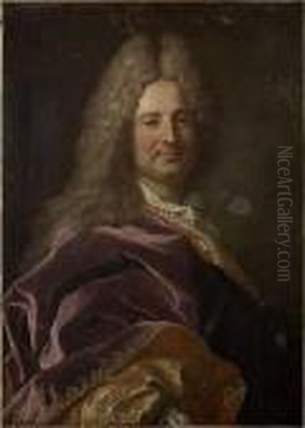 Portrait En Buste Du Marquis De 
La Martiniere Portant Une Cape De Velours Aubergine Doublee De Brocard A
 Fond D'or Oil Painting by Hyacinthe Rigaud