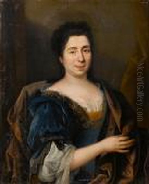 Portrait Of A Lady, Half-length, In A Blueembroidered Dress With A Brown Wrap Oil Painting by Hyacinthe Rigaud