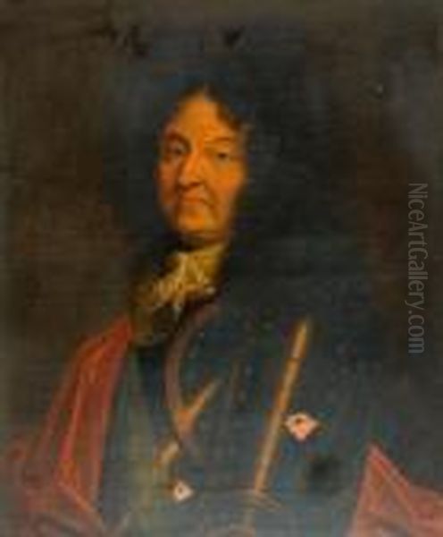 In The Manner Of Hyacinthe Rigaud, Half Length Portrait Of King Louis Xiv Wearing Armour Oil Painting by Hyacinthe Rigaud