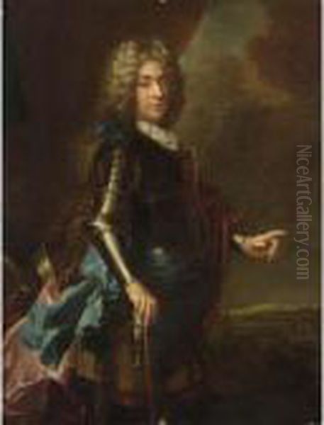 A Portrait Of A Nobleman, 
Wearing Armour And A Blue Sash, Holding A Cane, A View Of A City Beyond Oil Painting by Hyacinthe Rigaud