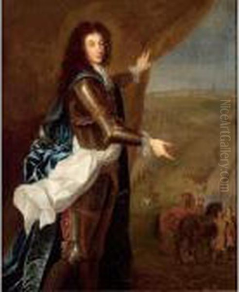 A Portrait Of A Nobleman, 
Standing Full-length, Wearing Armour With A White Sash And A Blue Cloak,
 Pointing Out The Siege Of A Town Oil Painting by Hyacinthe Rigaud