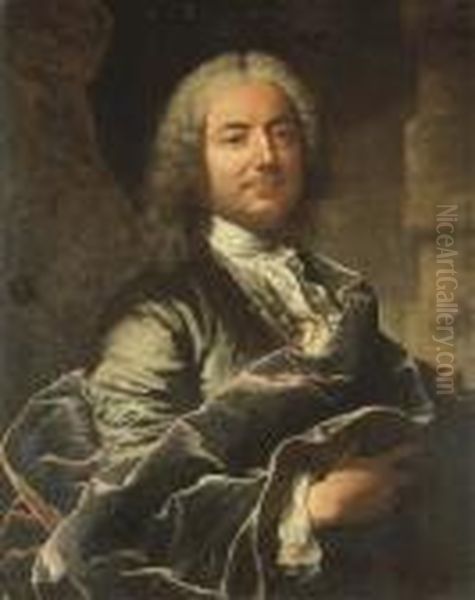 Portrait D'homme En Buste, Portant Une Redingote Bleue Et Une Capeen Velours Oil Painting by Hyacinthe Rigaud