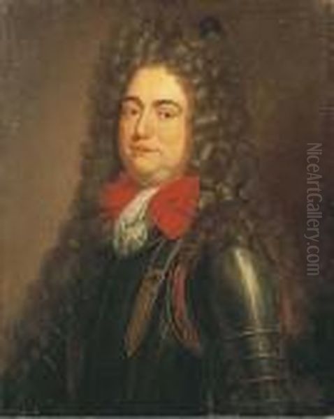 Potrait D'homme En Armure Au Noeud Rouge Oil Painting by Hyacinthe Rigaud