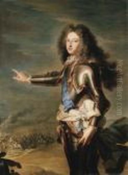 Portrait Of Louis De France, Duc
 De Bourgogne (1682-1712), Three-quarter-length, In Armour, A 
Battlefield Beyond Oil Painting by Hyacinthe Rigaud