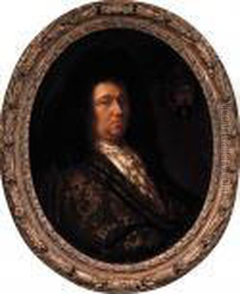 Portrait Of A Nobleman, Half 
Length, Wearing A Gold-embroidered Brown Cloak, Lace Chemise And Wig Oil Painting by Hyacinthe Rigaud