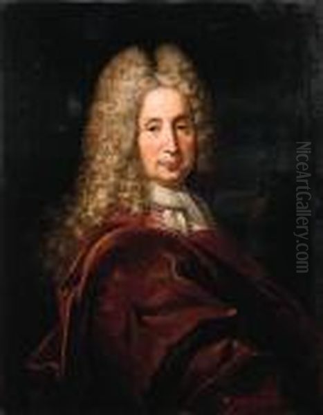 Portrait Of A Gentleman, Half-length, In A Pink Coat And Burgundywrap Oil Painting by Hyacinthe Rigaud