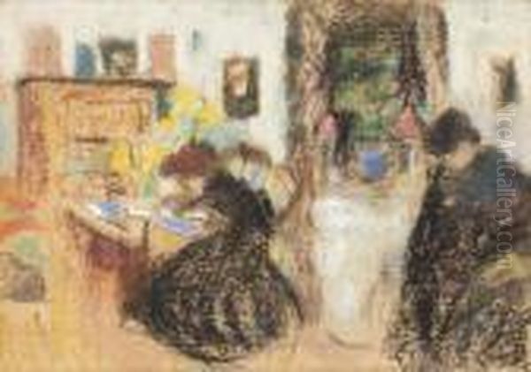 Elegant Ladies Reading In An Interior Oil Painting by Jozsef Rippl-Ronai