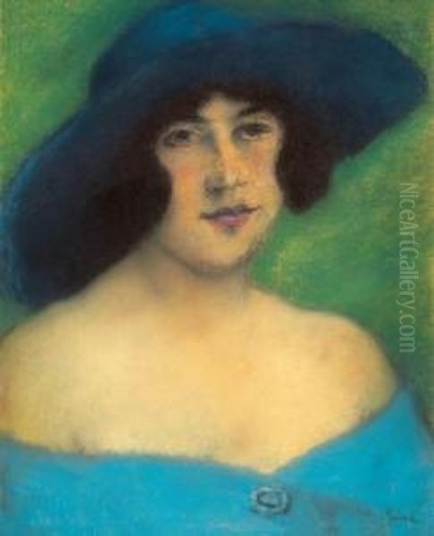 Portrait Of A Woman In A Blue Hat Oil Painting by Jozsef Rippl-Ronai