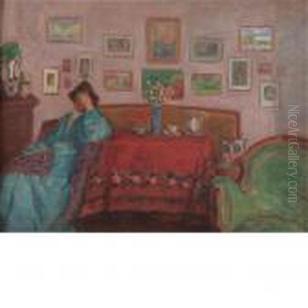 Woman In Blue At A Table With Red Tablecloth Oil Painting by Jozsef Rippl-Ronai