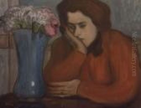 Femme Pensive Au Vase De Fleurs Oil Painting by Jozsef Rippl-Ronai