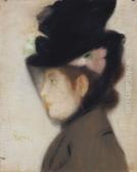 Parisian Woman In A Veil-hat , 1890s Oil Painting by Jozsef Rippl-Ronai