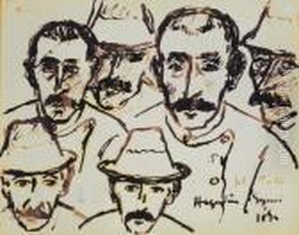 Heads In Hat Oil Painting by Jozsef Rippl-Ronai