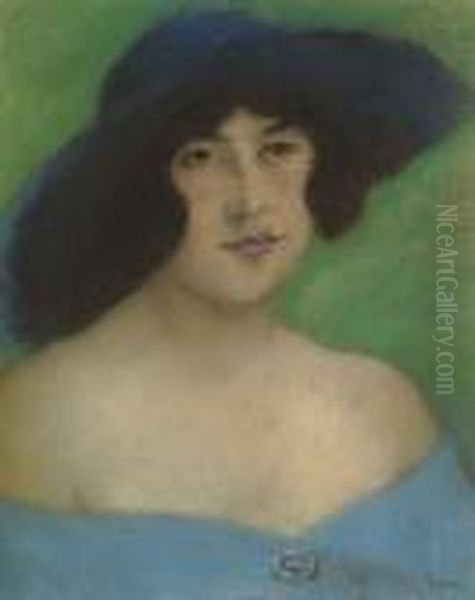 Portrait Of A Woman In A Blue Hat Oil Painting by Jozsef Rippl-Ronai