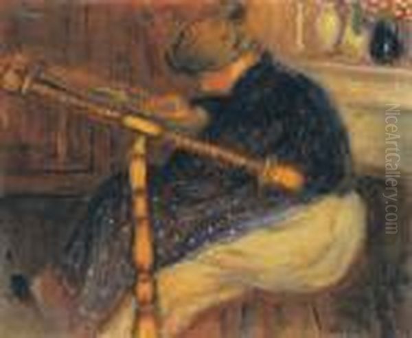 Embroidering Woman Oil Painting by Jozsef Rippl-Ronai