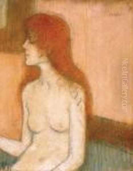 Red- Haired Sitting Nude Oil Painting by Jozsef Rippl-Ronai