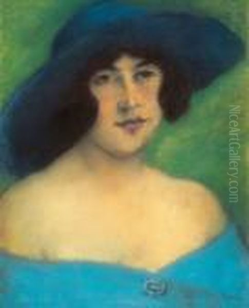 Girl In A Blue Hat, 1922-23 Oil Painting by Jozsef Rippl-Ronai