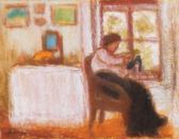 Sewing Woman By The Window (toeing A Sock) Oil Painting by Jozsef Rippl-Ronai