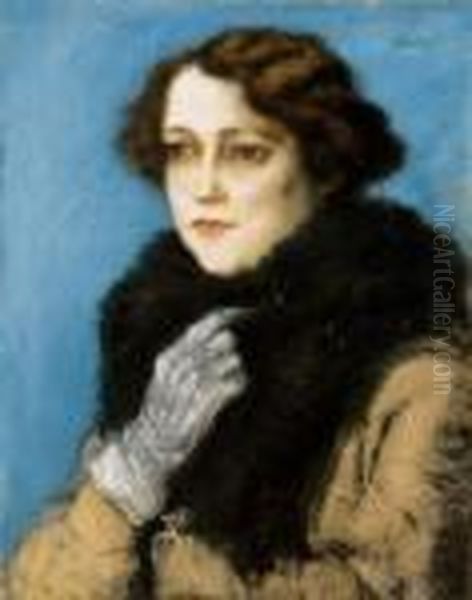 Lady In White Gloves With White Fur Collar (the Portrait Of Terka Linzer) Oil Painting by Jozsef Rippl-Ronai