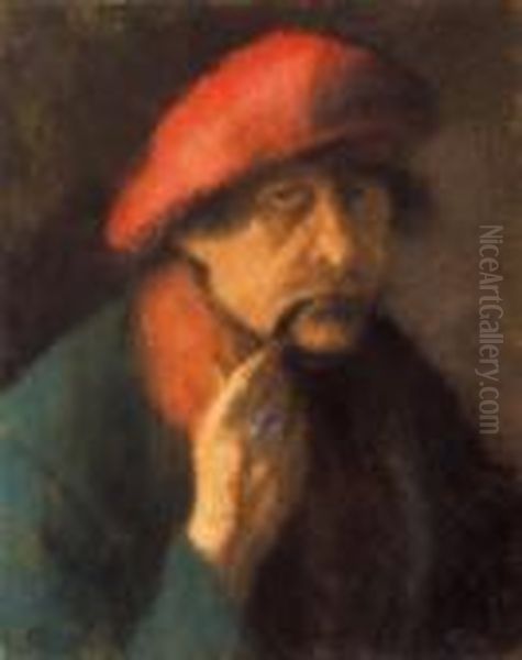 Self-portrait In A Red Cap Oil Painting by Jozsef Rippl-Ronai