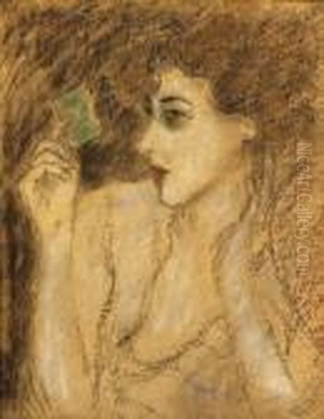 Zorka Making Up (young Girl With A Green Boksz), Late 1910s Oil Painting by Jozsef Rippl-Ronai