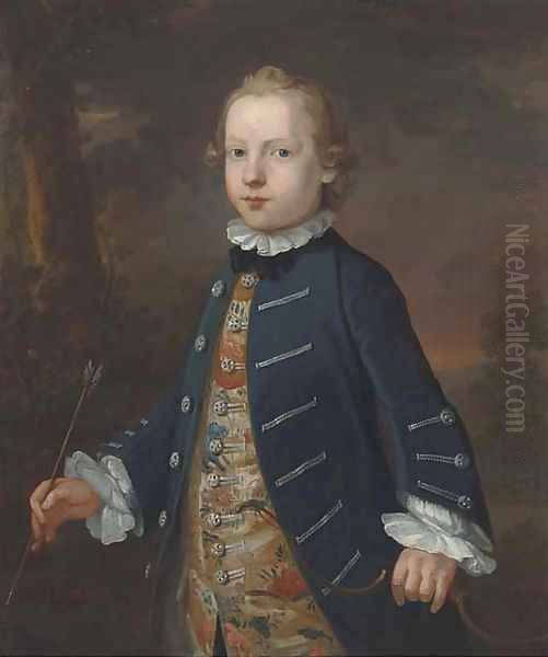 Portrait of a boy, three-quarter-length, traditionally identified as 'Master Best', in a blue coat and floral waistcoat, holding a bow and arrow Oil Painting by John Simmons