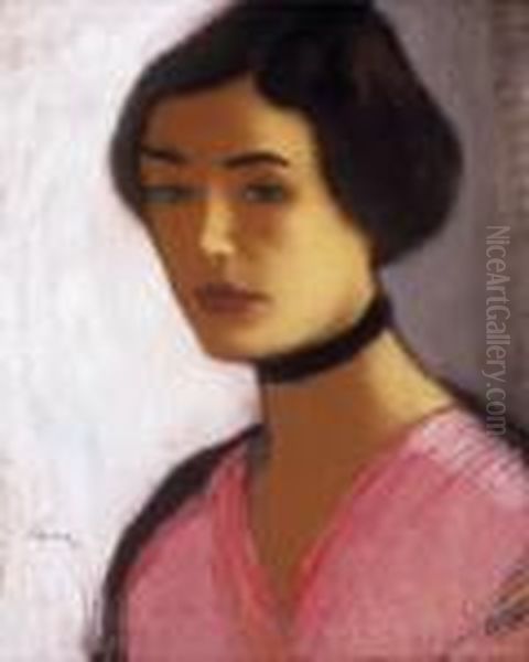 Woman With Rose Dress And Black Necklet Oil Painting by Jozsef Rippl-Ronai