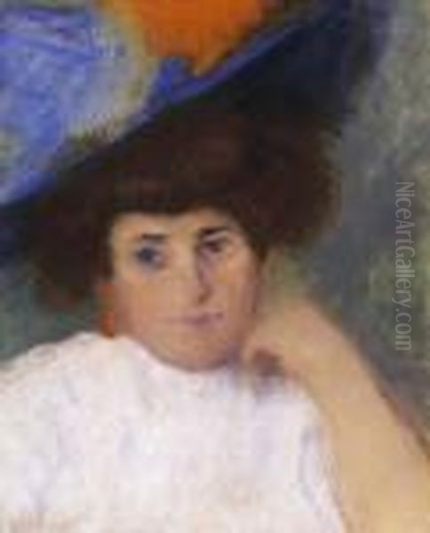 Lady In A Red Feathery Hat Oil Painting by Jozsef Rippl-Ronai